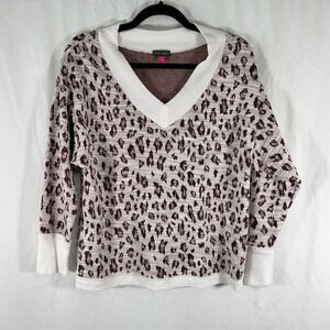 Vince Camuto Sweater Women XS White Pink Metallic Vneck Long Sleeve Cotton